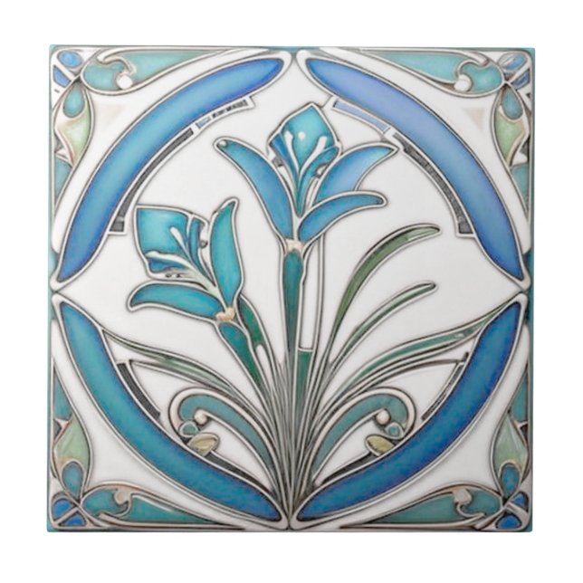 Art Nouveau Blue Stylized Lily Fliese (Vorderseite)
