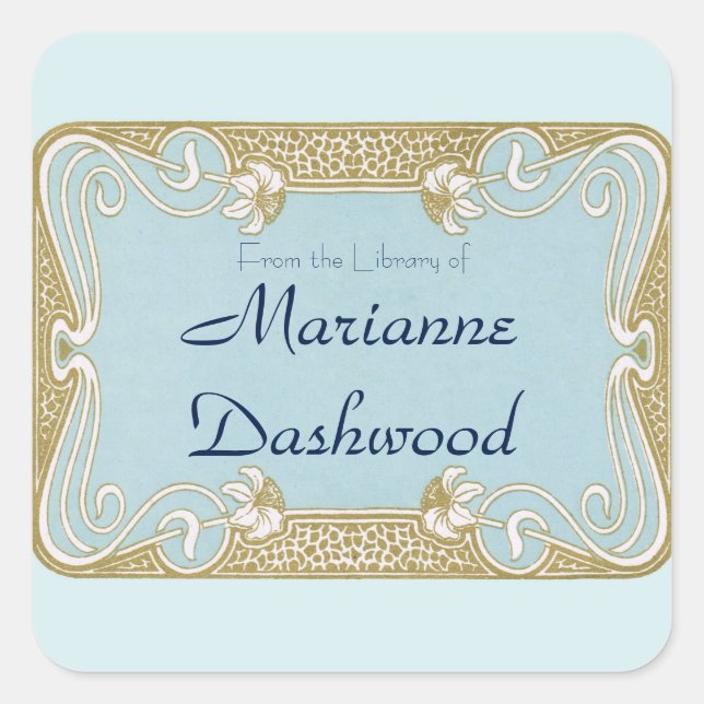 Art Nouveau Blue und Gold Gerahmtes Buchzeichen Quadratischer Aufkleber (Vorderseite)