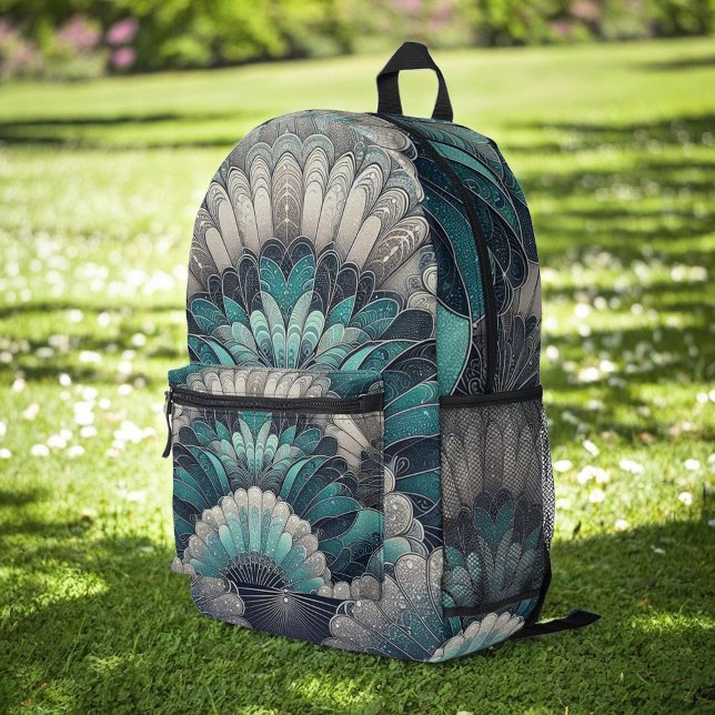 Art Nouveau Blue und Silver Fans Bedruckter Rucksack (Von Creator hochgeladen)
