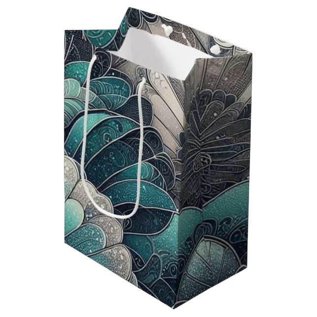 Art Nouveau Blue und Silver Fans Mittlere Geschenktüte (Vorderseite Schrägansicht)