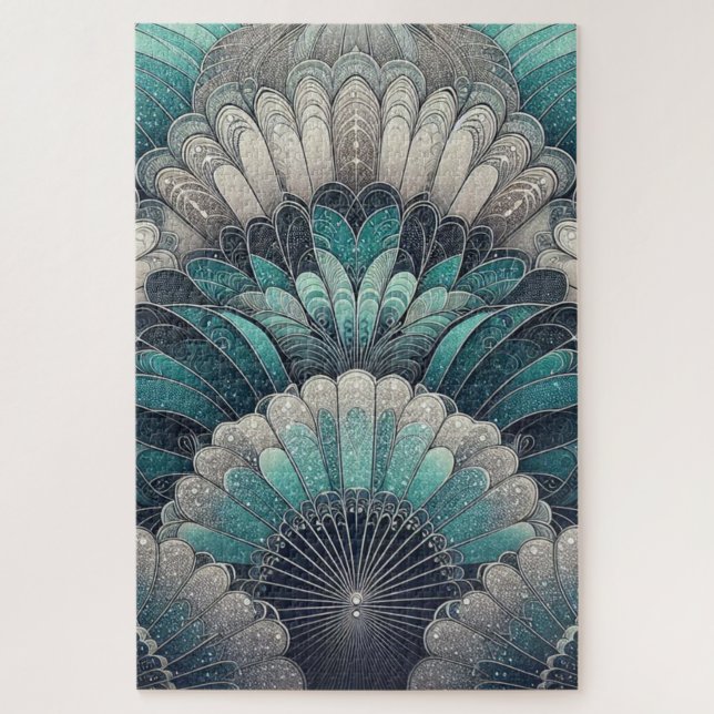 Art Nouveau Blue und Silver Fans Puzzle (Vertikal)