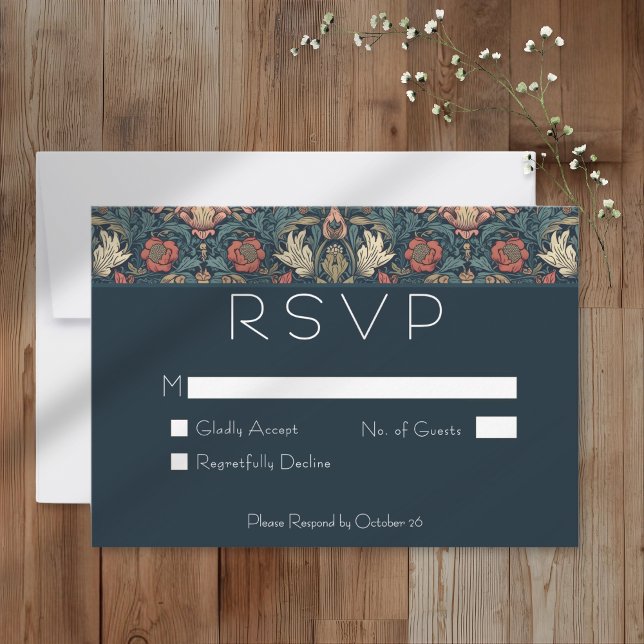 Art Nouveau Blue William Morris Floral Wedding RSVP Karte (Art Nouveau Blue William Morris Floral Wedding RSVP Card)