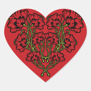 Art Nouveau Blumen Heart Red Herz-Aufkleber
