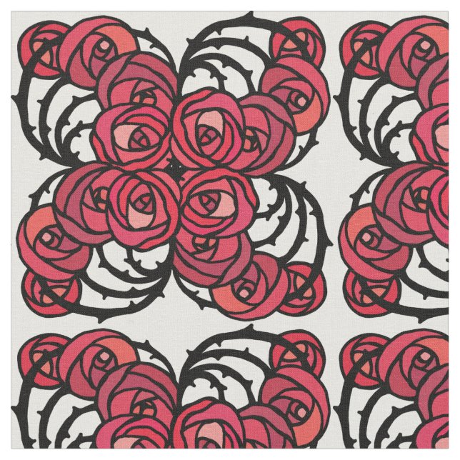 Art Nouveau Blumenmuster Rot und Schwarz Rose Desi Stoff (Nahaufnahme)
