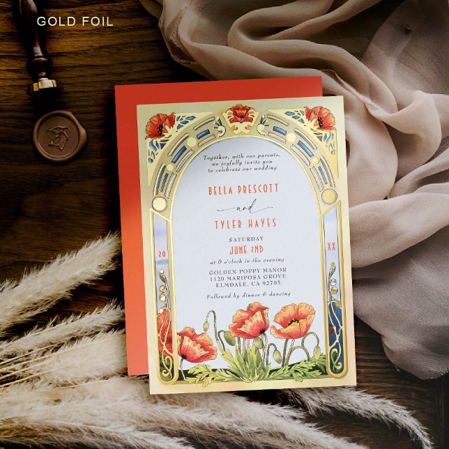 Art Nouveau Bold Bright Poppies Wildblume Wedding Folieneinladung (art nouveau wedding invitation wildflowers poppies red orange gold garden vintage elegant)