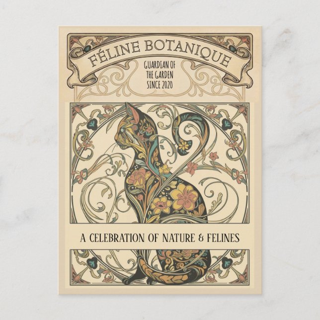 Art Nouveau Botanical Feline Ornamental Art Postkarte (Vorderseite)