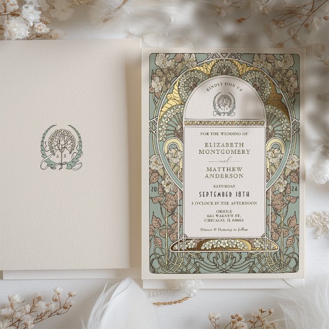 Art Nouveau Botanical Foil Wedding Gold Akzente Folieneinladung (Von Creator hochgeladen)