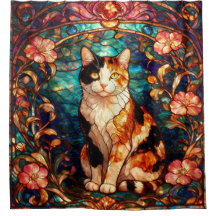 Art Nouveau-Buntglas-Stil Calico-Katze Duschvorhan