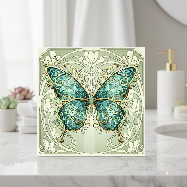 Art Nouveau Butterfly Pat#1 Teal ID1222 Fliese (Von Creator hochgeladen)