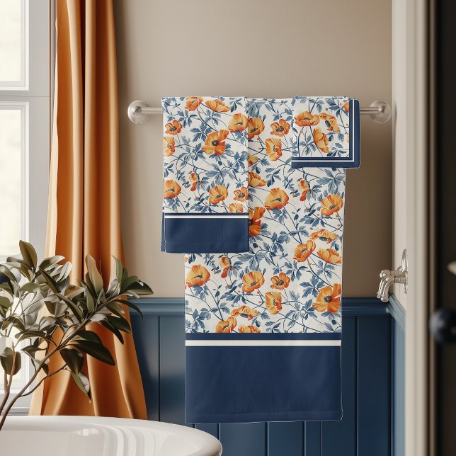 Art Nouveau California Poppies Navy Banded Badhandtuch Set (Von Creator hochgeladen)
