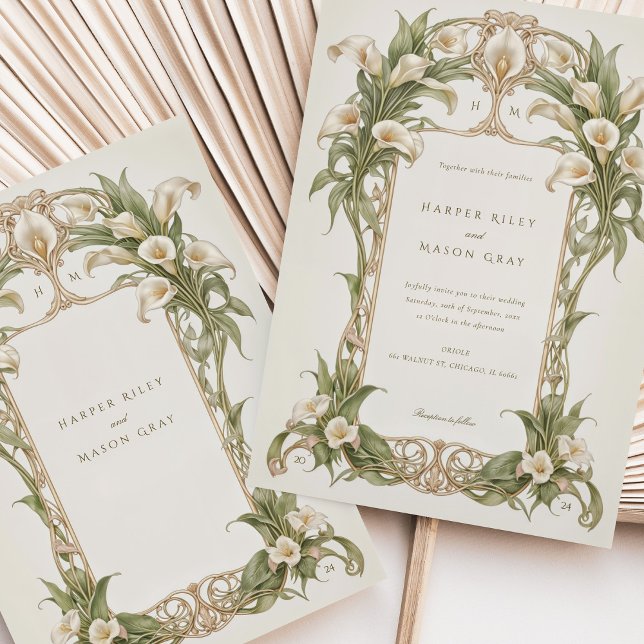 Art Nouveau Calla Lily Wedding in Elfenbein und Gr Einladung (Von Creator hochgeladen)