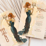 Art Nouveau Candlelight Wedding Menu Card Einladung<br><div class="desc">Fügen Sie Ihrem Hochzeitstisch eine Touch Eleganz mit dieser im Jugendstil inspiriert Menükarte hinzu. Dieses Design mit einer raffinierten Frau, die einen Candelabra hält, verbindet fließendes Marineblau, warmes Gold und weiche Cremefarben zu einer zeitlosen und luxuriösen Ästhetik. Die Vorderseite zeigt eine Vintage Figur und eine fette "Menu"-Typografie, während die Rückseite...</div>