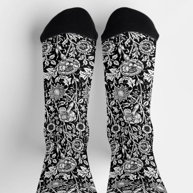 Art Nouveau Carnation Damask, Black and White Socken (Oben)