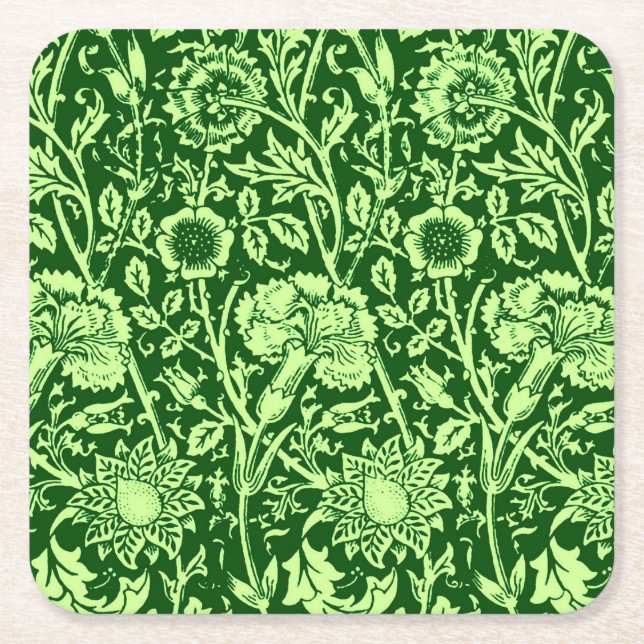 Art Nouveau Carnation Damask, Forest Green Rechteckiger Pappuntersetzer (Vorderseite)