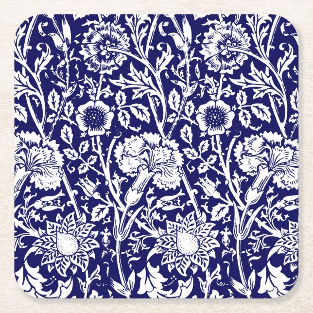 Art Nouveau Carnation Damask, Navy und White Rechteckiger Pappuntersetzer (Vorderseite)
