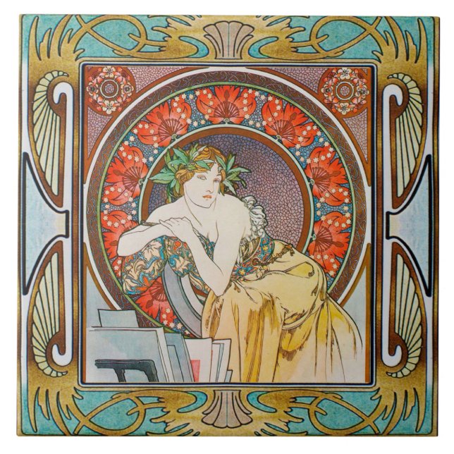 Art Nouveau Ceramic Tile Alphose mucha Design 15 Fliese (Vorderseite)