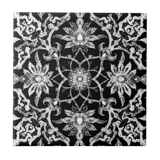 Art Nouveau Chinese Pattern - White on Black Fliese (Vorderseite)