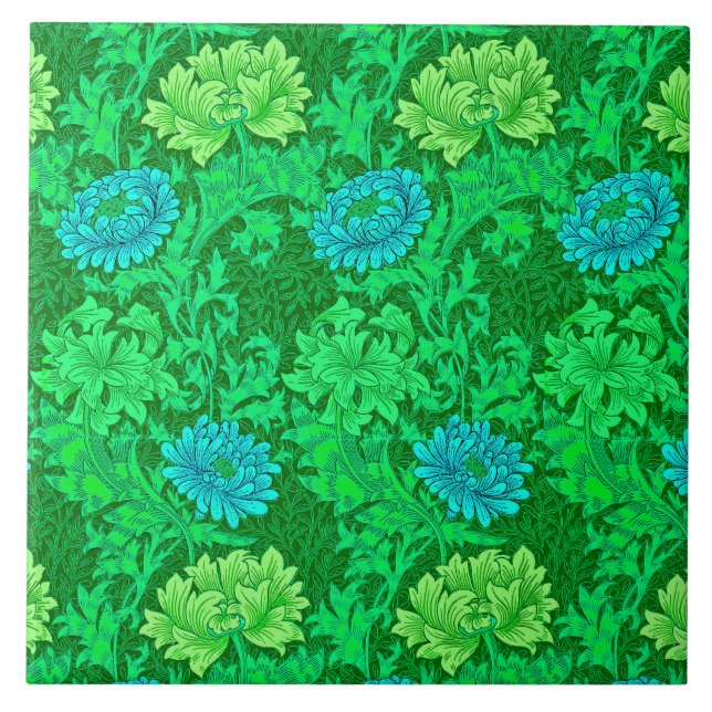 Art Nouveau Chrysanthema, Lime Green & Aqua Fliese (Vorderseite)