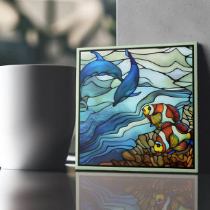 Art Nouveau Clown Fisch und Delphine verklebtes Gl Fliese