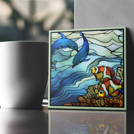 Art Nouveau Clown Fisch und Delphine verklebtes Gl Fliese