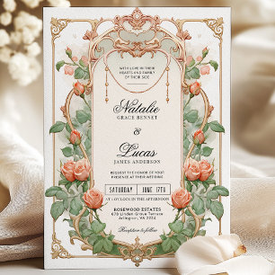 Art Nouveau Coral Floral & Gold Hochzeit Einladung