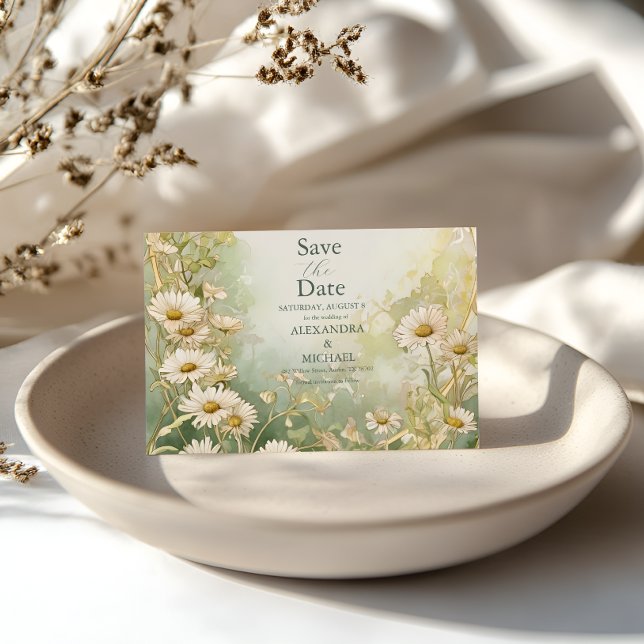 Art Nouveau Daisies Ivory Green Wedding Rettete Th Save The Date (Von Creator hochgeladen)