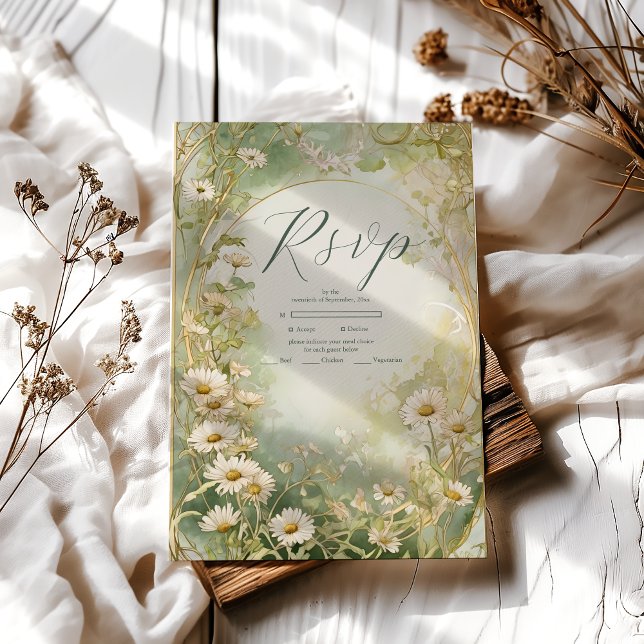Art Nouveau Daisies Ivory Green Wedding RSVP Karte (Von Creator hochgeladen)