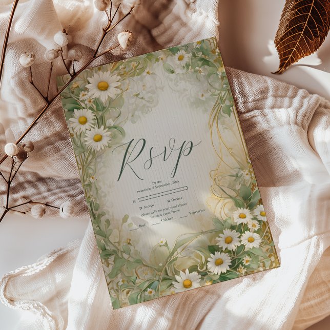 Art Nouveau Daisies Ivory Green Wedding RSVP Karte (Von Creator hochgeladen)