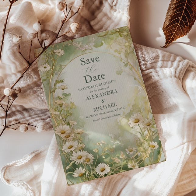 Art Nouveau Daisies Ivory Green Wedding Save The Date (Von Creator hochgeladen)