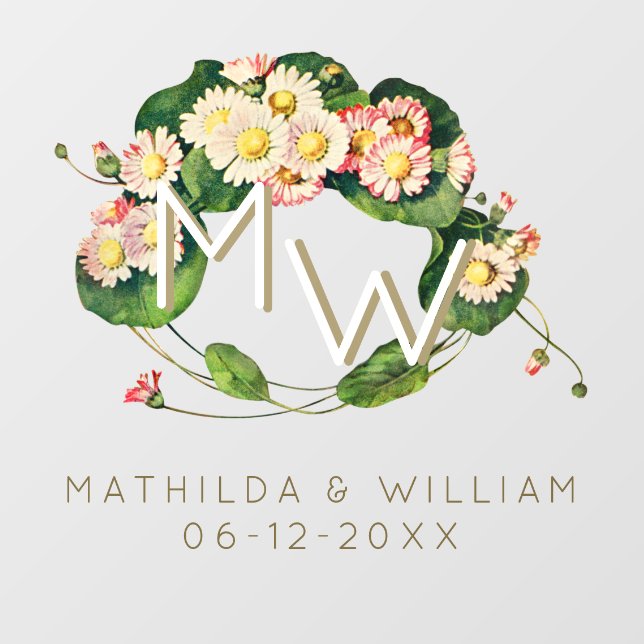 Art Nouveau Daisies Wreath Monogram zum Personalis Fensteraufkleber (Blatt)