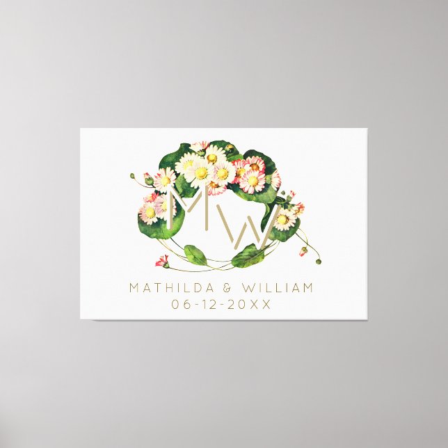 Art Nouveau Daisies Wreath Monogram zum Personalis Leinwanddruck (Vorderseite)