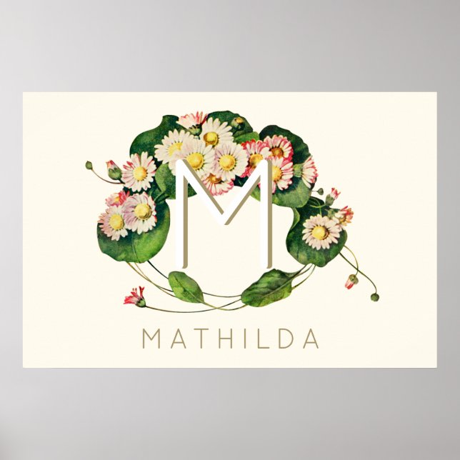 Art Nouveau Daisies Wreath Monogram zum Personalis Poster (Vorne)