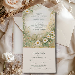 Art Nouveau-Daisy Elfenbein-Grüne Hochzeit All In One Einladung