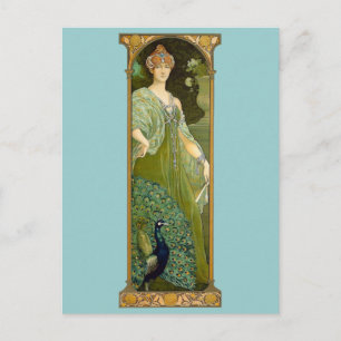 Art Nouveau Dame & Pfau Vintage-Illustration Postkarte