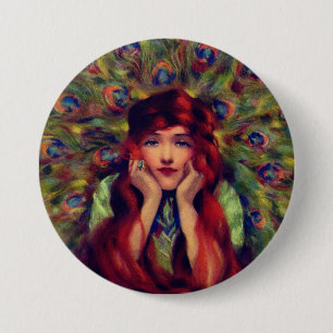 Art nouveau Deco Frau Pfauenfedern elegant Button