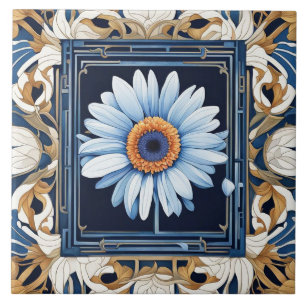 Art Nouveau Deko Blue White Gerbera Daisy Blume Fliese