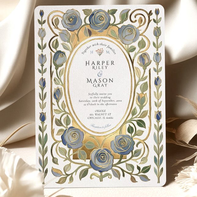 Art Nouveau Dusty Blue & Gold Roses Wedding Einladung (Von Creator hochgeladen)