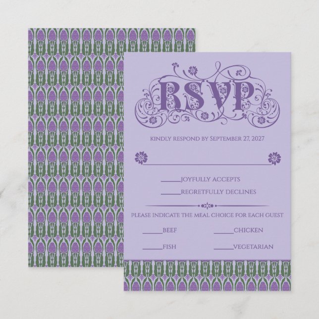 Art Nouveau Elegant Lilac Thistle Border Vertical RSVP Karte (Vorne/Hinten)