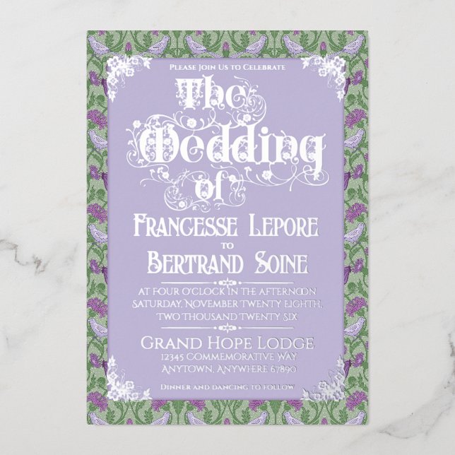 Art Nouveau Elegant Lovebirds Lavender Folieneinladung (Vorderseite)