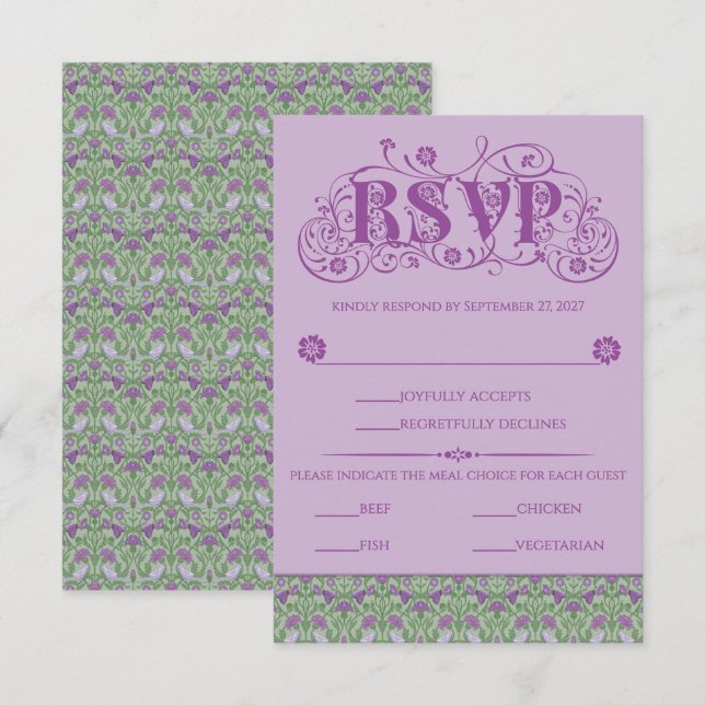 Art Nouveau Elegant Lovebirds Purple RSVP Karte (Vorne/Hinten)