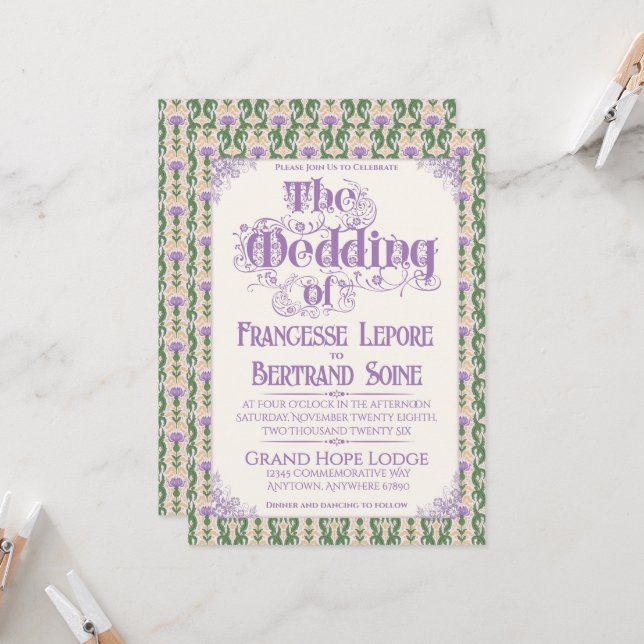 Art Nouveau Elegant Thistle Butter Yellow Einladung (Vorderseite/Rückseite Beispiel)