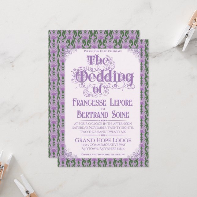 Art Nouveau Elegant Thistle Lilac Einladung (Vorderseite/Rückseite Beispiel)