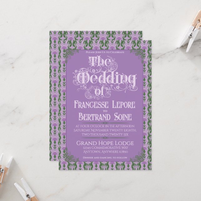 Art Nouveau Elegant Thistle Royal Lavender Einladung (Vorderseite/Rückseite Beispiel)