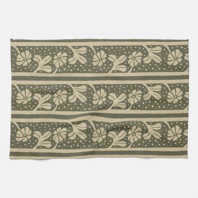Art Nouveau Elegante Blume Beige und Sage Green Geschirrtuch (Horizontal)