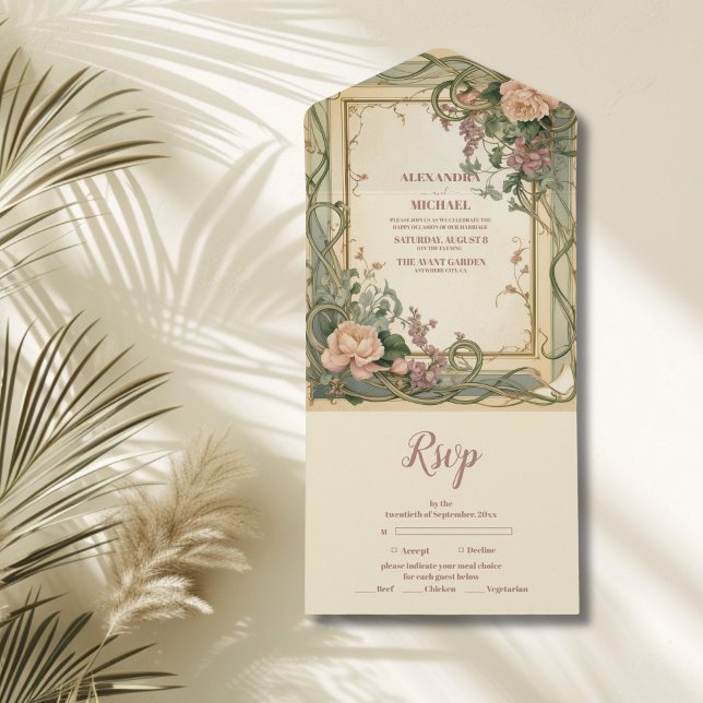 Art Nouveau Elegante Botanische Hochzeit All In One Einladung (Von Creator hochgeladen)