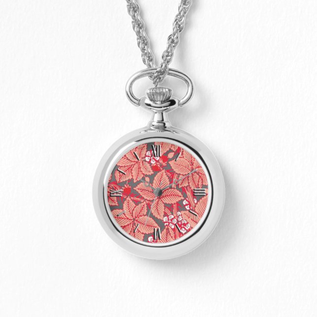 Art Nouveau Erdbeeren und Blätter, Coral Orange Armbanduhr (Vorderseite)