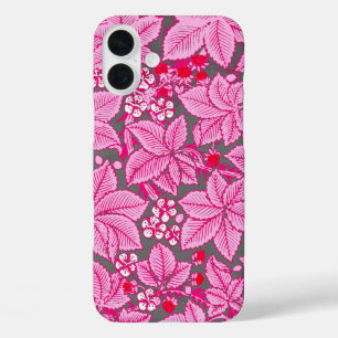 Art Nouveau Erdbeeren und Blätter, rosa und grau iPhone 16 Plus Hülle