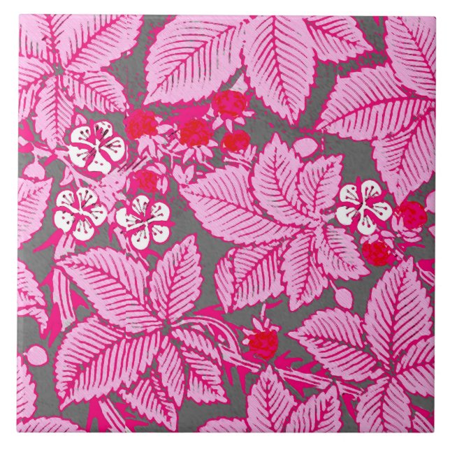 Art Nouveau Erdbeeren und Blätter, rosa und grau Fliese (Vorderseite)