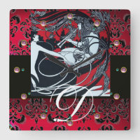 ART NOUVEAU FAUN Red Burgundy, Black Damask