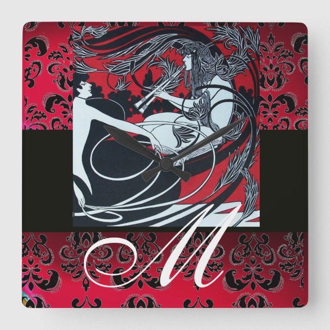 ART NOUVEAU FAUN Red Burgundy, Black Damask Quadratische Wanduhr (Vorderseite)